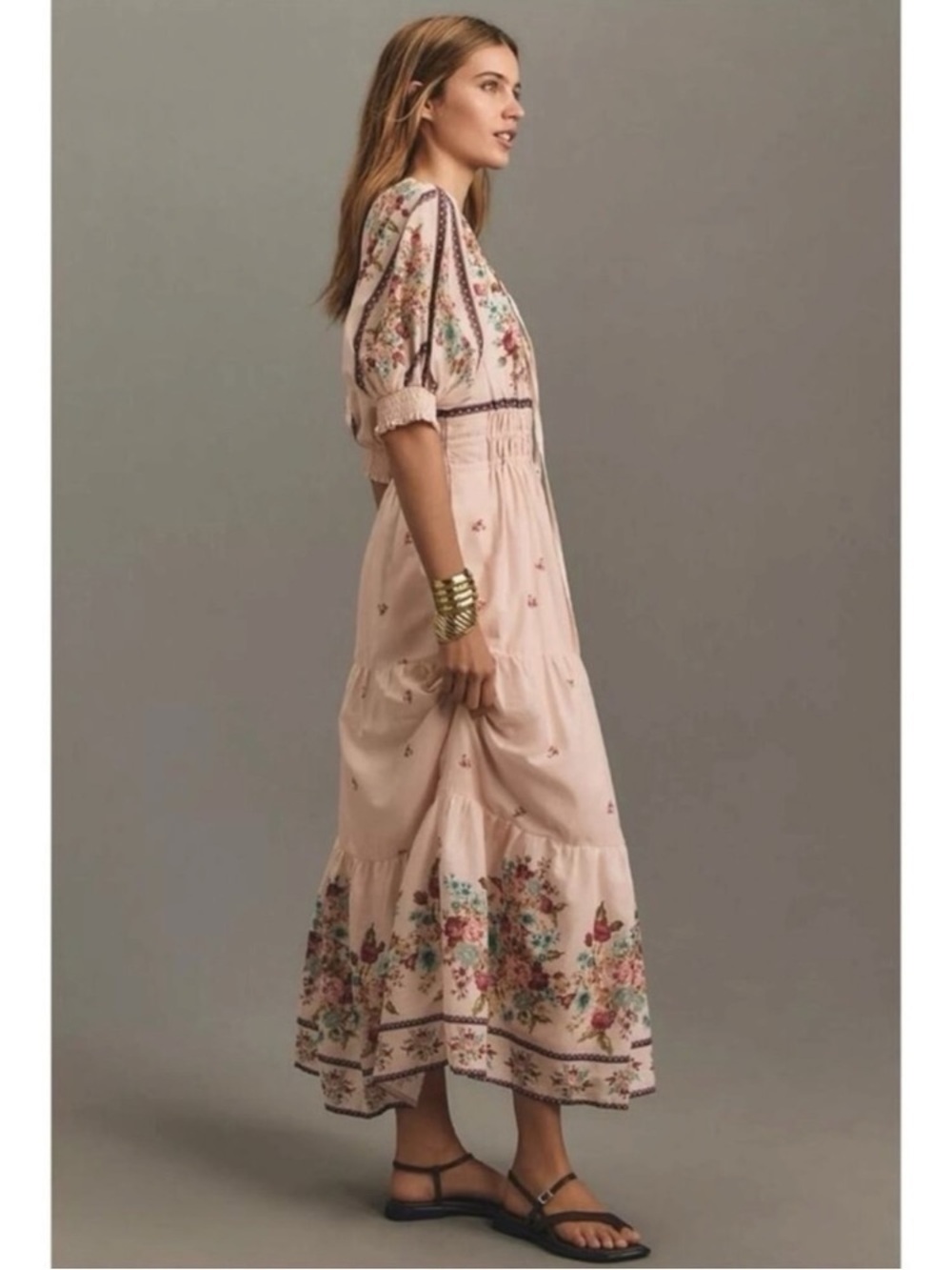 Anthropologie Somerset Floral Maxi Dress pale Pink puff Sleeve cottagecore - Picture 4 of 8